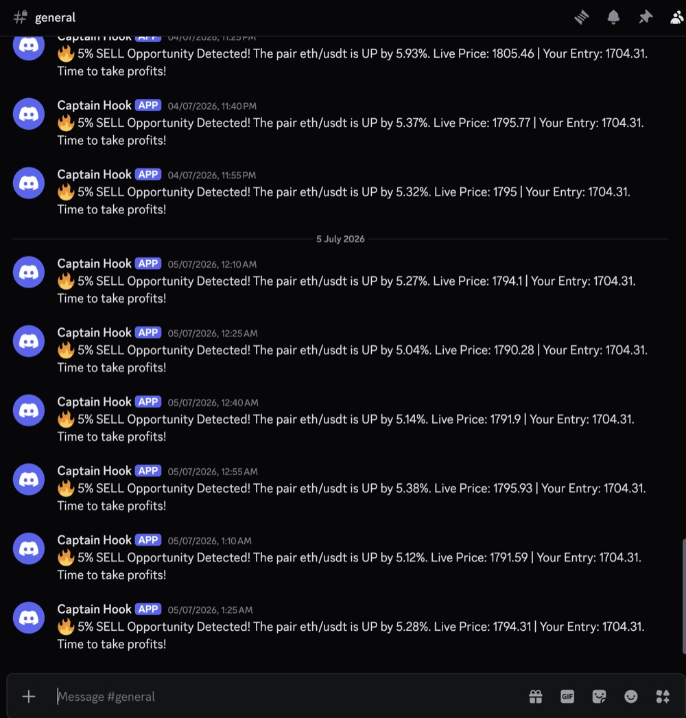Real Discord alerts showing 5% sell opportunity notifications on eth/usdt against a tracked entry price