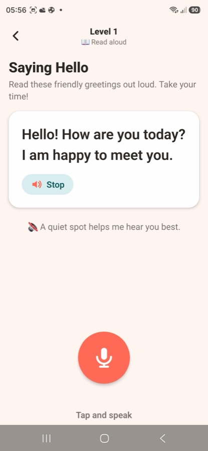 Bravora read-aloud practice level with tap-and-speak microphone