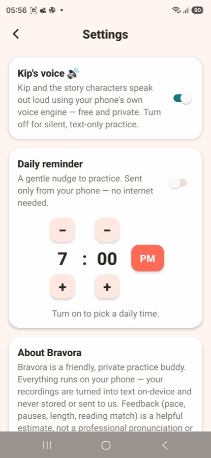 Bravora settings screen stating recordings are processed on-device and never stored or sent