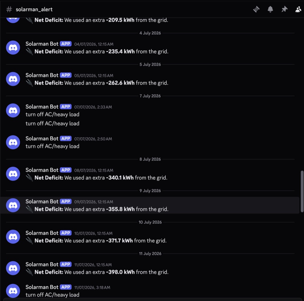 Real Discord alerts: nightly net deficit reports and turn off AC/heavy load warnings