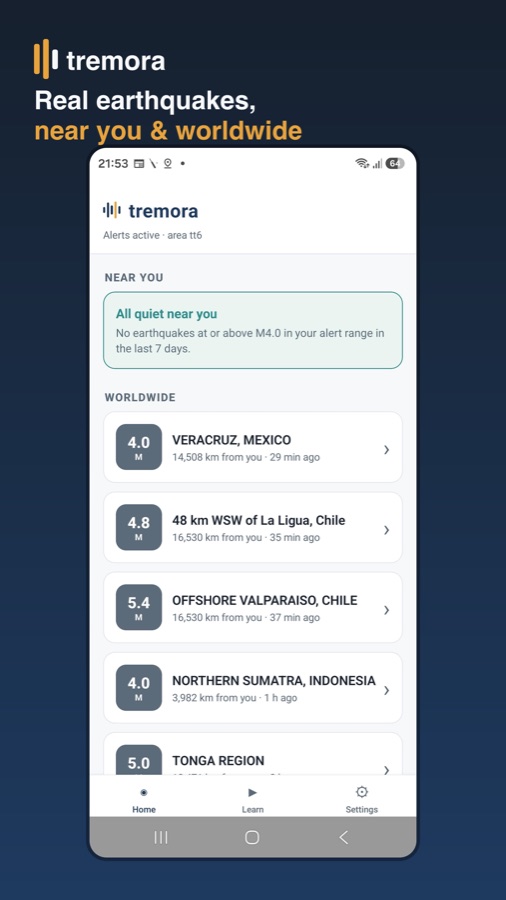 Tremora home feed showing nearby and worldwide earthquakes